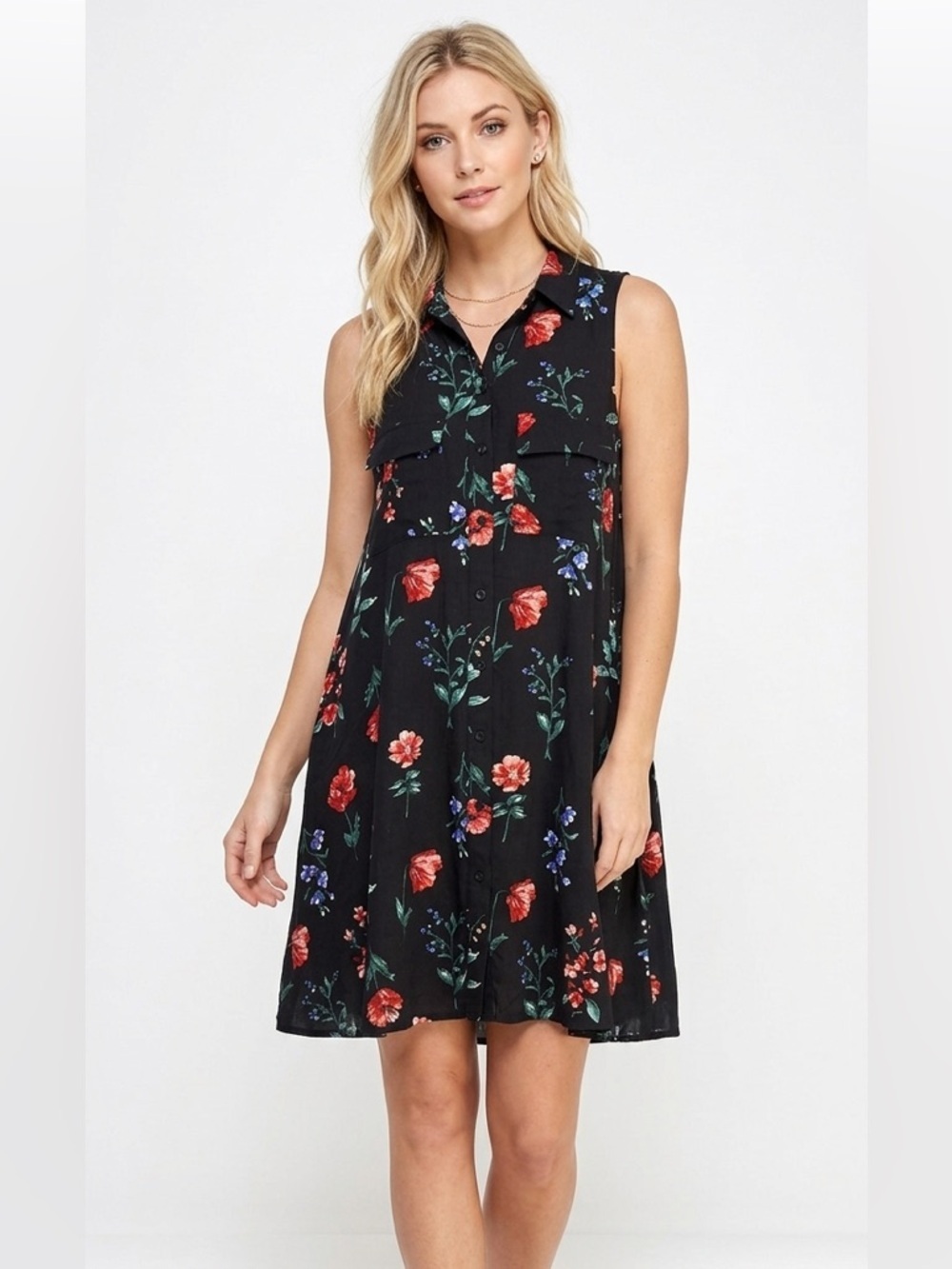 KIMCHI Blue small black floral sleeveless dress
